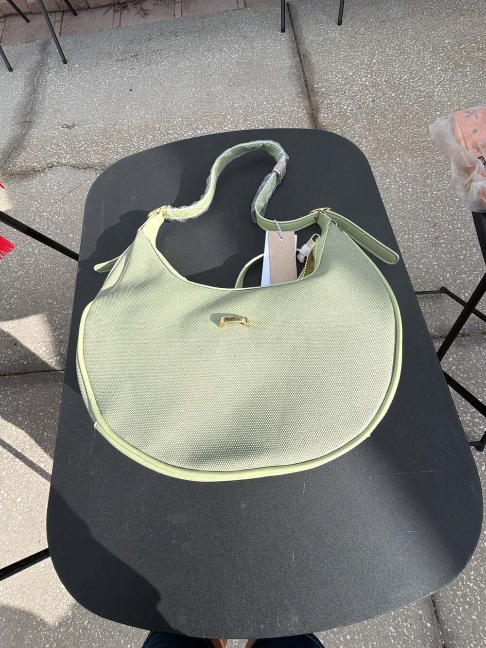 Calin Collection Mint Green Webbing and Faux Leather Half-Moon Hobo Bag